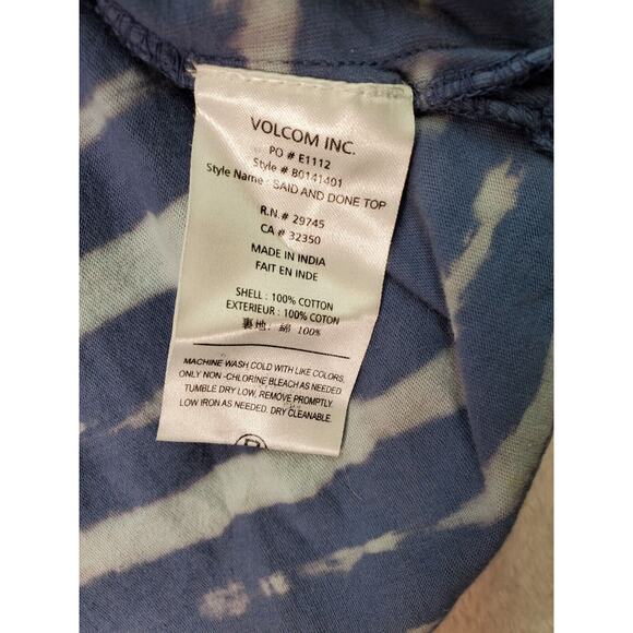 Volcom Shirt Top Womens XL Blue Tie Dye Cotton Round Neck High Low Slit Pleated - Picture 8 of 8